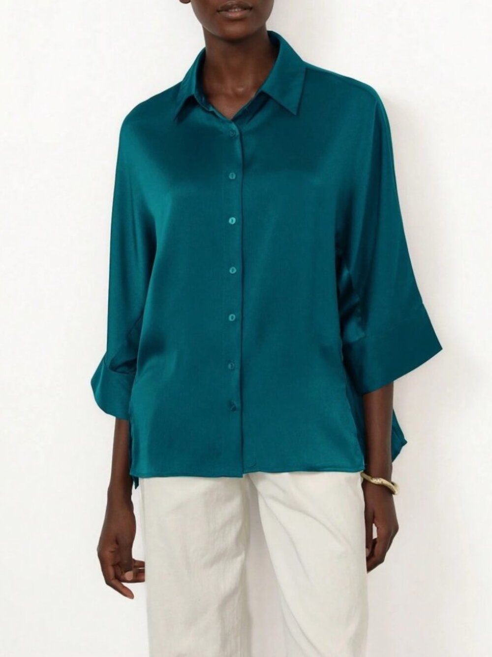 Teal Satin Button-Up Blouse with Rolled Cuffs
